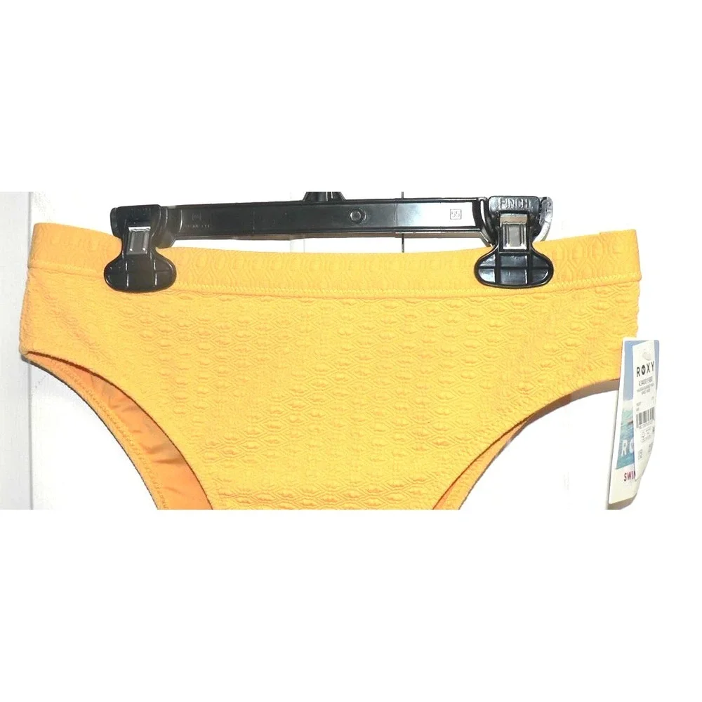 Roxy Haleiwa Banded High Waisted Textured Logo Bikini Bottom in Golden Rod Small